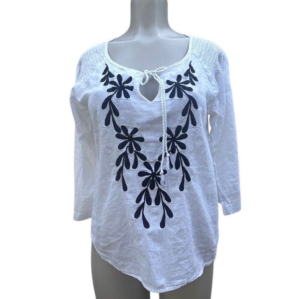 Hanna G Blouse Women's Small White Keyhole Tie Neck 3/4 Sleeve 100% Cotton